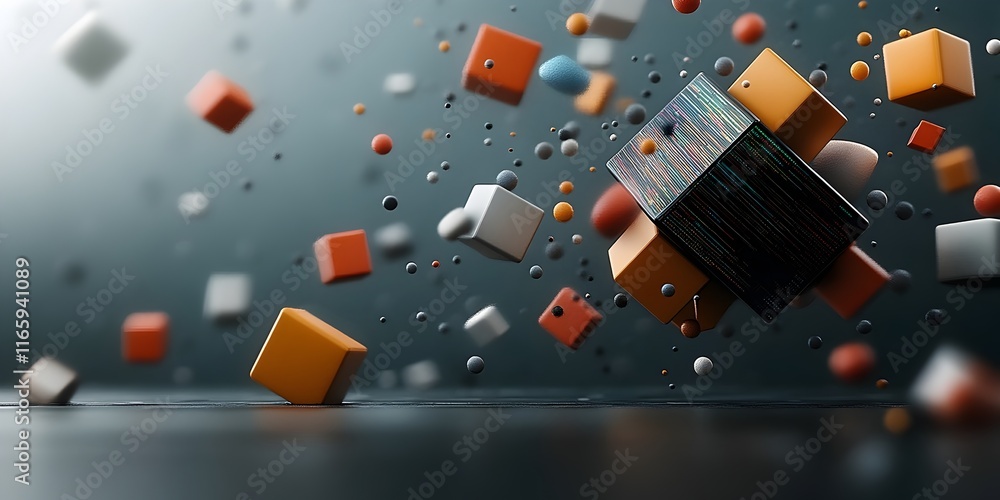 Poster shimmering digital dimension with cascading information levitating data cubes and abstract data visu
