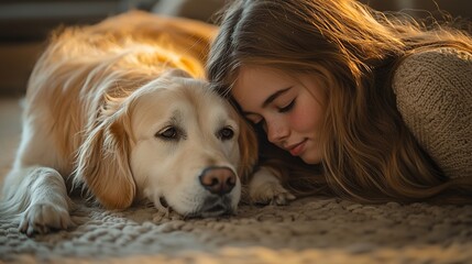 Girl and golden retriever resting together.