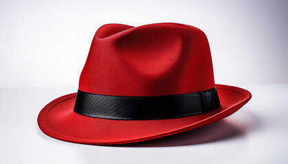 red fedora hat with black band on white background stylish and bold