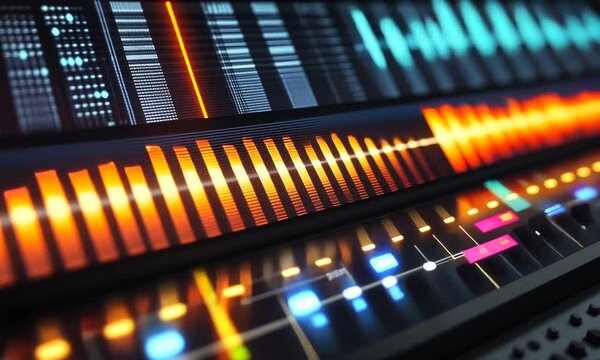 Abstract visualization of sound waves with vibrant colors and digital elements.