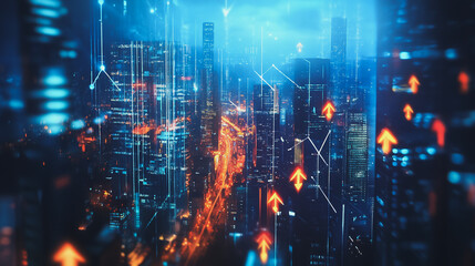 Obraz premium Abstract business team stands on the peak of success amid tall, innovative Smart city and graphs with statistics to analyze business potential and predict future developments in company growth.