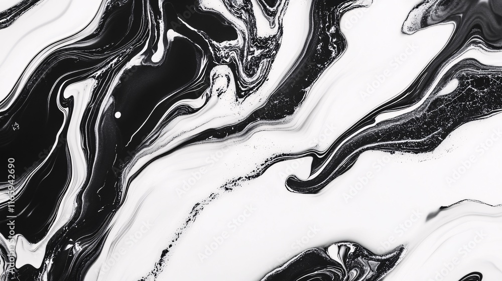 Poster abstract black and white marbled texture creating a striking visual contrast and fluid movement.