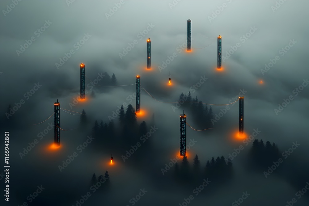 Poster expansive digital expanse with towering data towers luminous data nodes and undulating information t