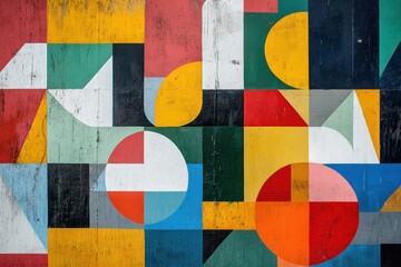 Colorful geometric shapes create an abstract mural showcasing vibrant artistry in a modern urban setting