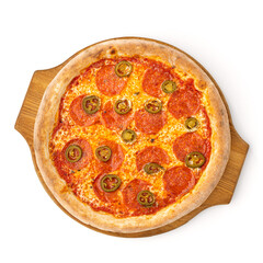 Pizza pepperoni jalapeno isolated on white background. Tasty italian hot pepperoni pizza with salami, pepper jalapeno, mozzarella cheese on wooden dish or board top view for design menu and
