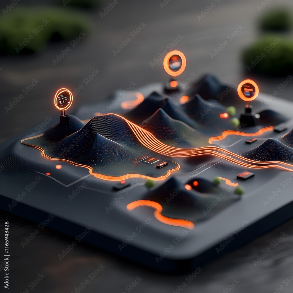 Poster futuristic digital landscape featuring glowing data conduits holographic control interfaces and undu