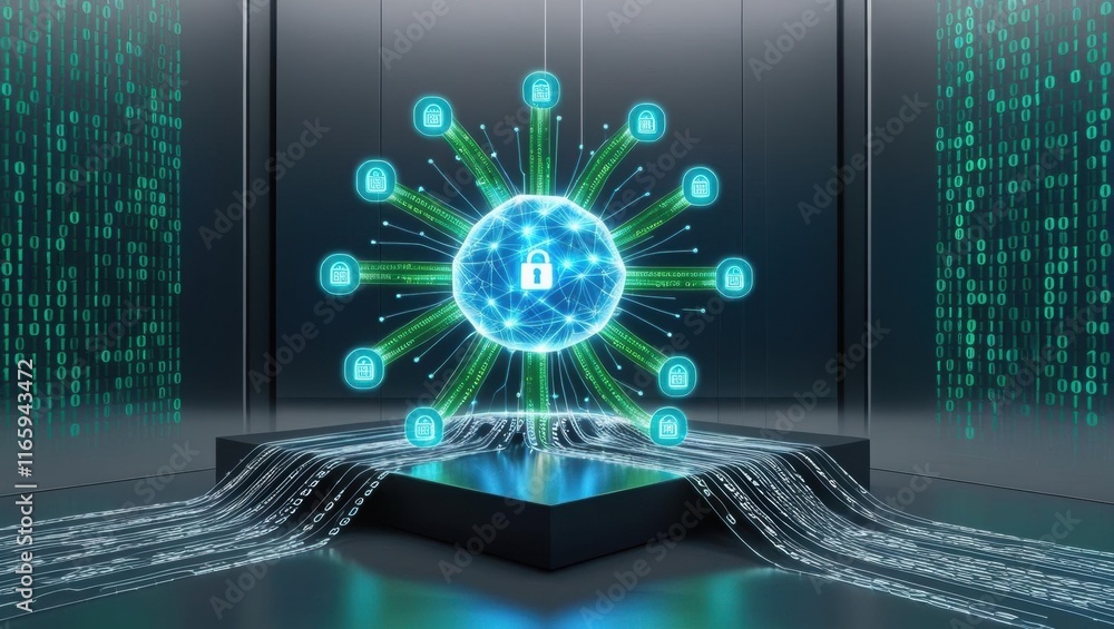Poster a futuristic digital display showcasing a secure network with glowing locks and streams of data, sym