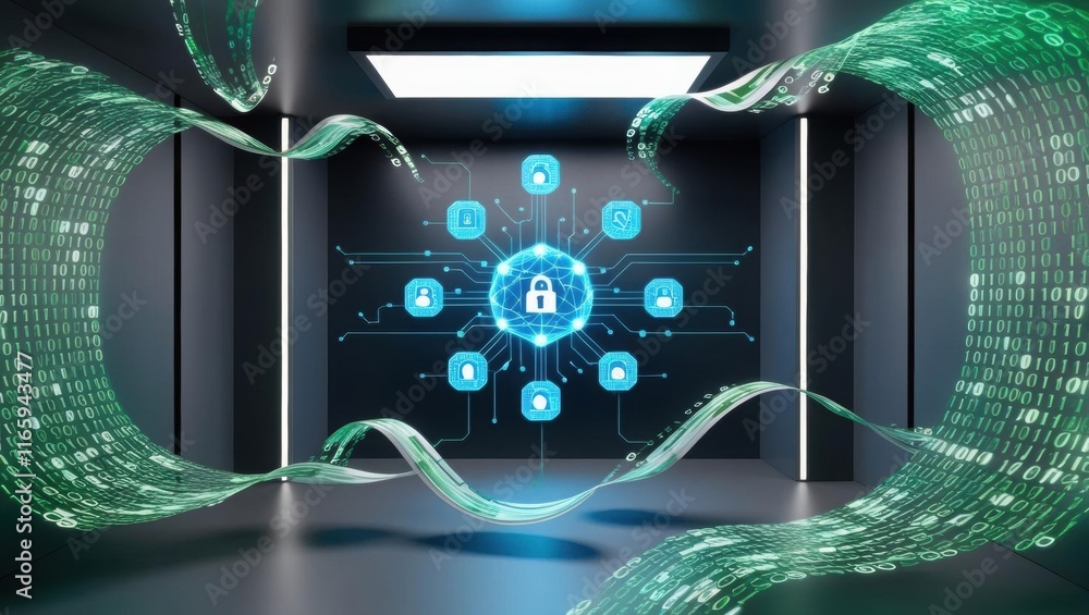 Poster a futuristic digital space showcasing security and data protection with glowing icons and flowing da