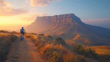 Fototapeta premium Cyclist on mountain trail at sunset.