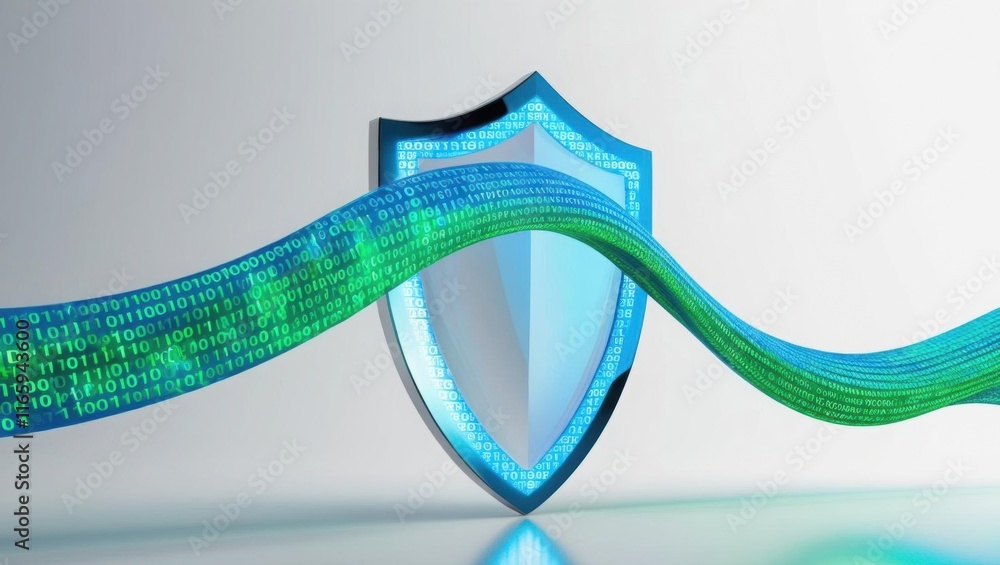 Poster a digital shield representing cybersecurity, with flowing binary code symbolizing data protection an