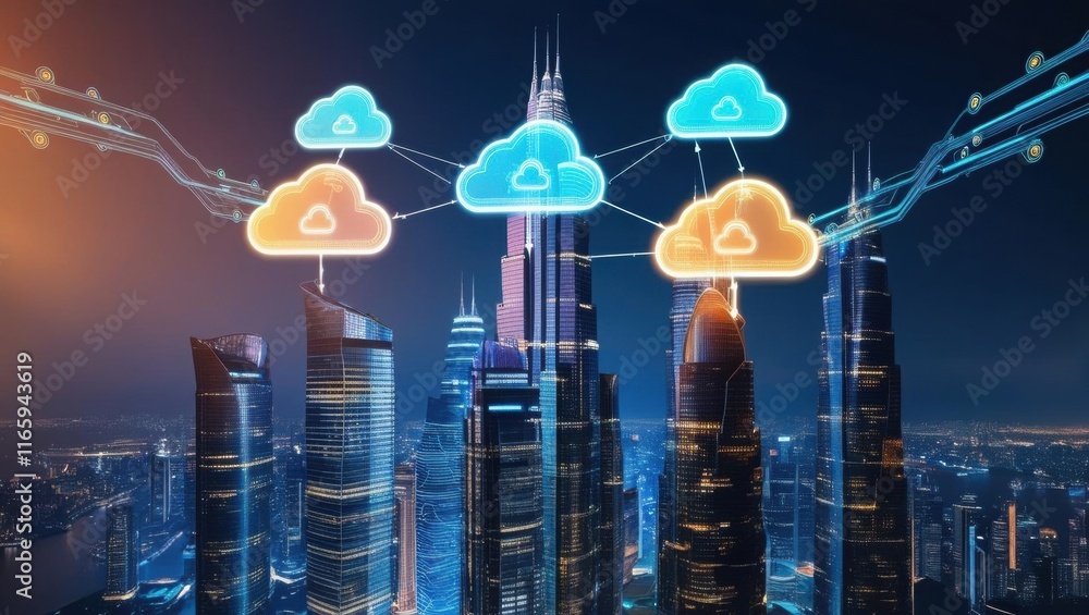 Aufkleber a futuristic city skyline featuring digital clouds connected by lines, symbolizing cloud computing a