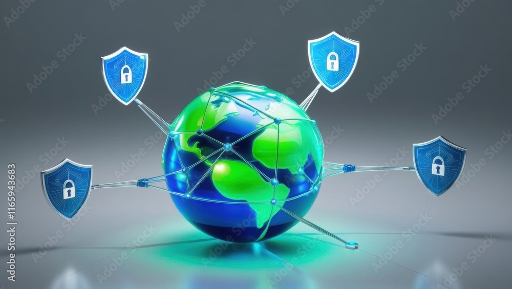 Poster a digital globe surrounded by security shields, representing global cybersecurity and data protectio
