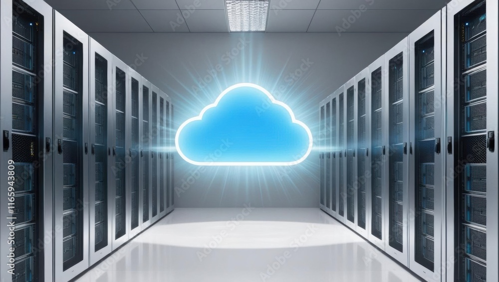 Poster a modern data center with server racks and a glowing cloud symbol, representing cloud computing and 