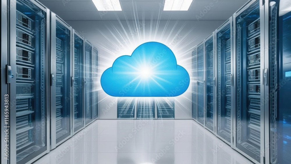 Poster a digital server room with a glowing cloud symbol, representing cloud computing and data storage sol