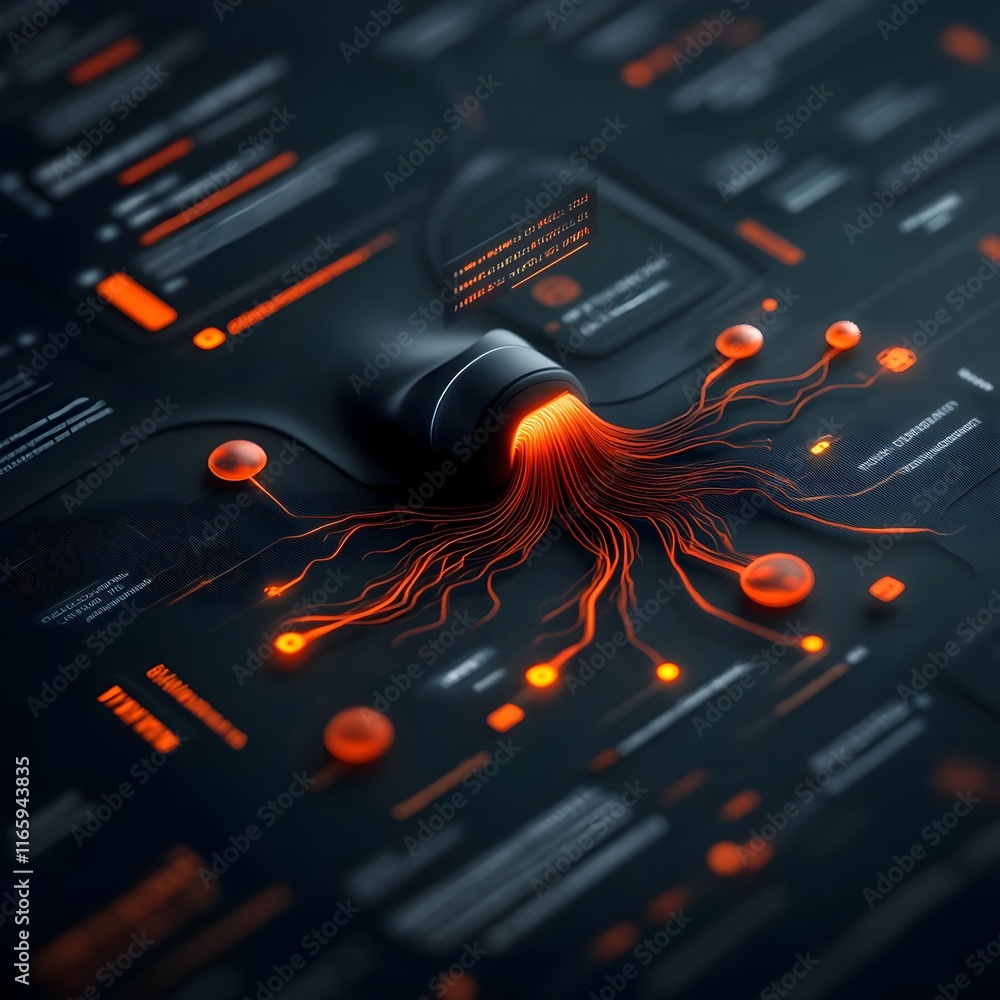 Poster visionary digital realm with dynamic holographic interfaces glowing data conduits and floating infor