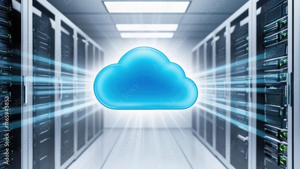 Poster a digital cloud icon appears in a data center, symbolizing cloud computing and data storage technolo