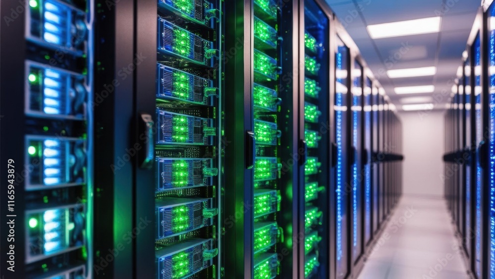 Poster a high-tech data center hallway filled with illuminated server racks, showcasing a modern and effici