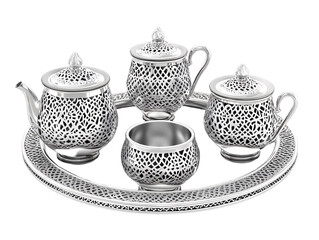 Isolated Silver Tea Set on a Round Tray