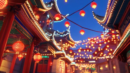Majestic Chinese temple under clear blue skies, adorned with vibrant red lanterns and festive decorations.
