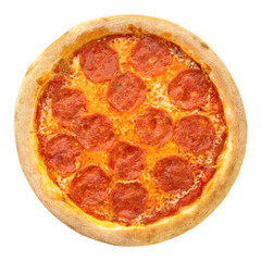 Pizza pepperoni isolated on white background. Tasty italian hot pepperoni pizza with salami, mozzarella cheese and tomato sauce top view for design menu and promotional