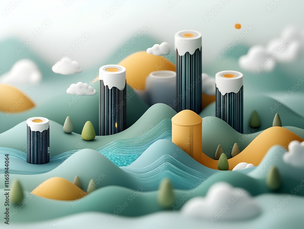 Poster hyper advanced digital landscape featuring towering data monoliths shimmering data pools and undulat