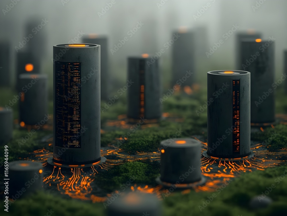 Poster a hyper advanced digital landscape featuring towering data monoliths shimmering data pools and undul