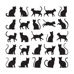 Cats Silhouettes Cats Set of silhouettes black cat, on white background. Vector Cats behavior 