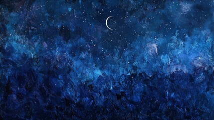 A serene night sky painted in deep blues with a crescent moon and twinkling stars. © Nathan