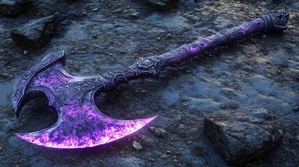 A mystical double-bladed axe with intricate designs and a glowing purple edge resting on a rocky surface.