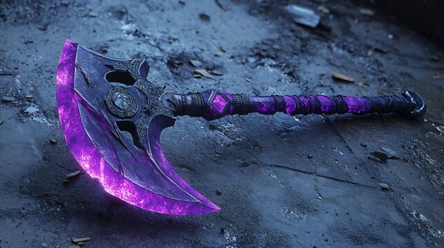 A fantasy-themed battle axe with a mystical purple glow, resting on a gritty, textured surface.