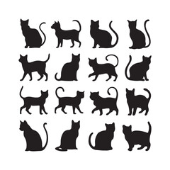 Cats Silhouettes Cats Set of silhouettes black cat, on white background. Vector Cats behavior 