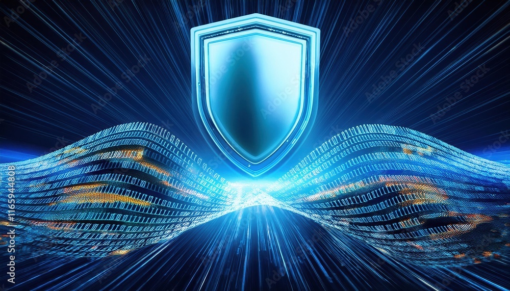 Poster this image depicts a glowing shield surrounded by dynamic digital patterns, symbolizing cybersecurit