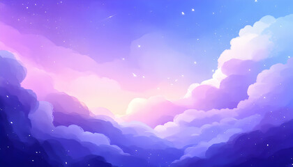Obraz premium Dreamy pastel sky, fluffy clouds, purple, pink, blue hues, shooting stars, magical, ethereal, fantasy background.