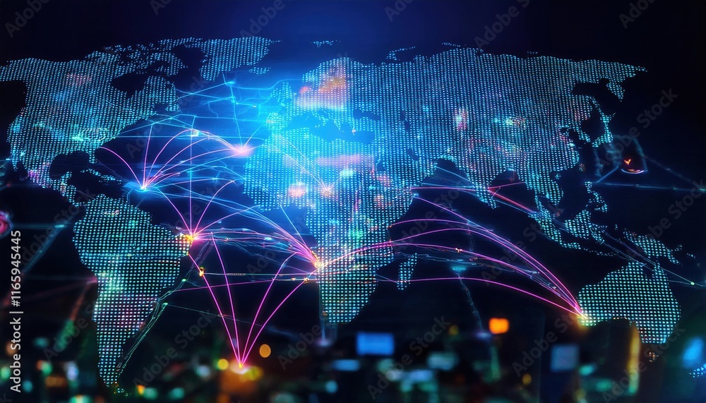 Poster a digital world map visualizing global connectivity with vibrant data streams and network lines illu