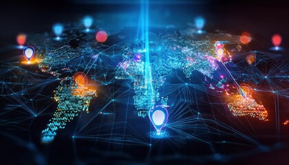 A vibrant digital world map showcasing interconnected data points, illuminated by glowing markers representing locations and networks.