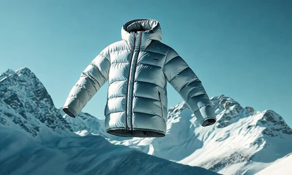 White hooded puffer jacket floating against snowy mountain backdrop.