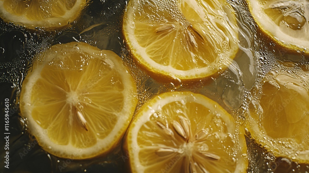 Poster fresh lemon slices submerged in sparkling water, creating a refreshing and vibrant atmosphere.