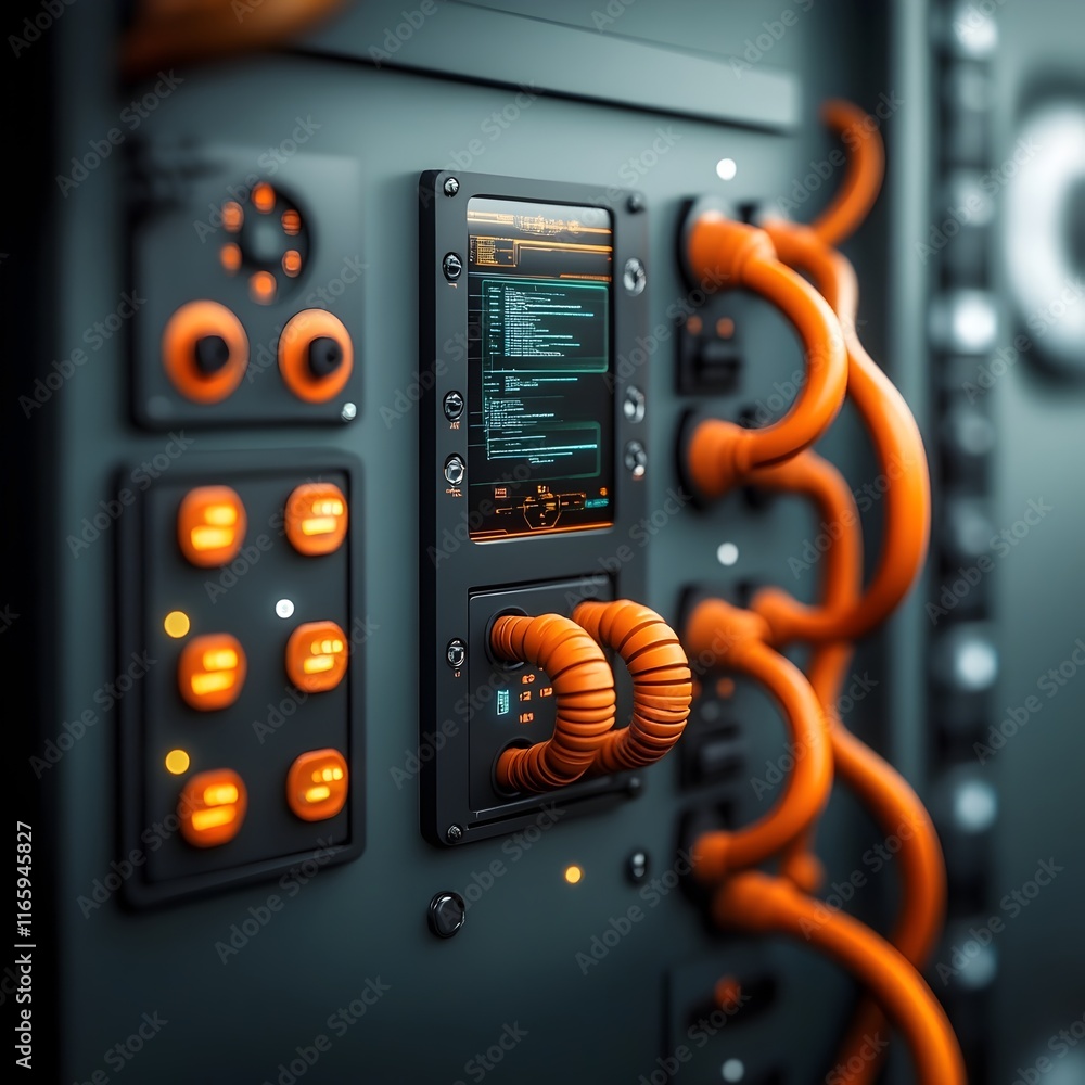 Poster innovative digital realm featuring glowing data conduits holographic control panels and undulating i