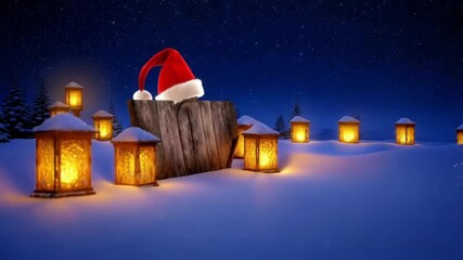 A magical Christmas scene featuring a wooden sign topped with a Santa hat, glowing lanterns casting a warm light, a starry night sky with gentle snowfall - Powered by Adobe