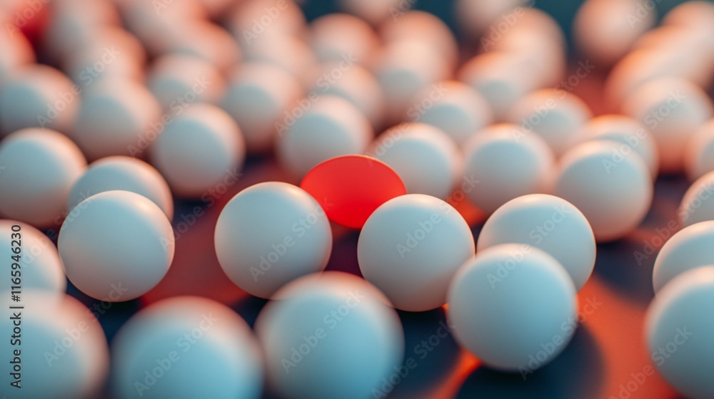 Poster a striking image of a single red sphere surrounded by many white spheres, creating a visually dynami