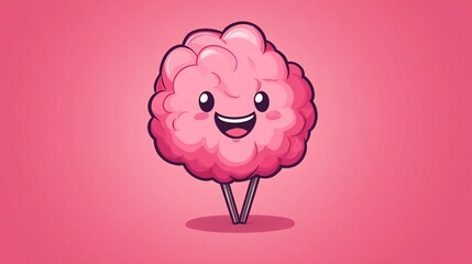 A cheerful cartoon cotton candy character with a smiling face, set against a vibrant pink background.