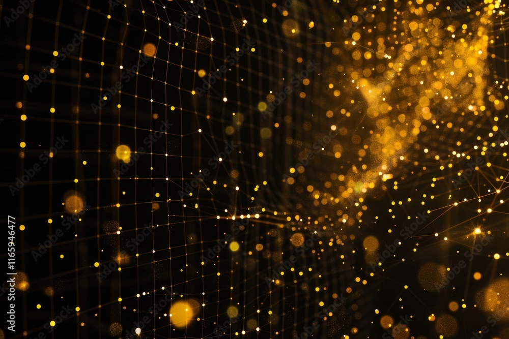 Poster a mesmerizing display of golden particles glimmers within a web-like mesh, creating a dynamic and ca