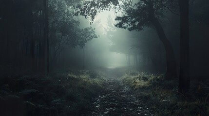 Mysterious Foggy Forest Path: A Serene Landscape