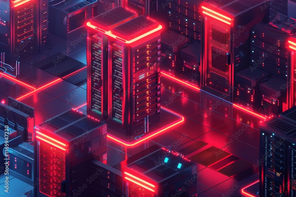 Poster a complex network of servers is illuminated by red neon lights, creating a dynamic atmosphere in a m