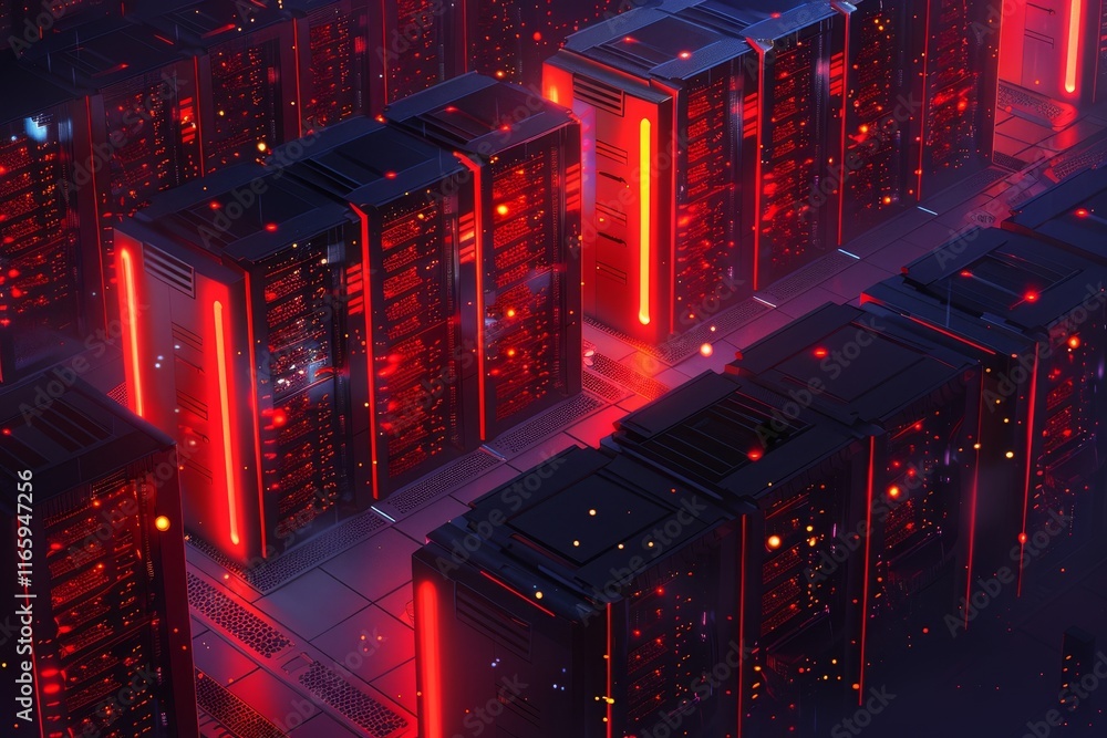 Poster rows of advanced servers in a data center glow with red lights, creating a high-tech atmosphere duri