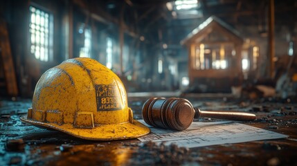 Gavel, hardhat, blueprints in derelict building.