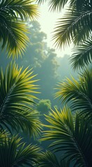 A close up of a palm tree with the sun shining through the leaves, space for text