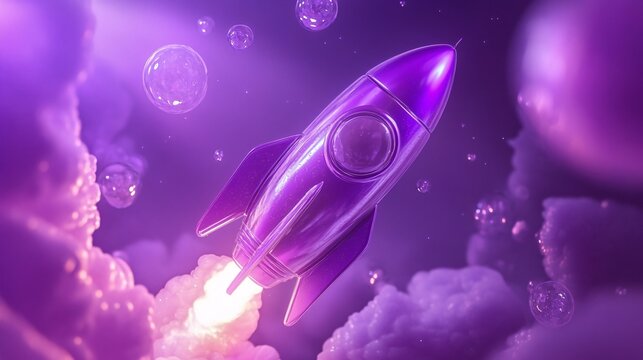 A sleek purple rocket soaring through dreamy clouds, surrounded by enchanting bubbles in a mystical atmosphere.