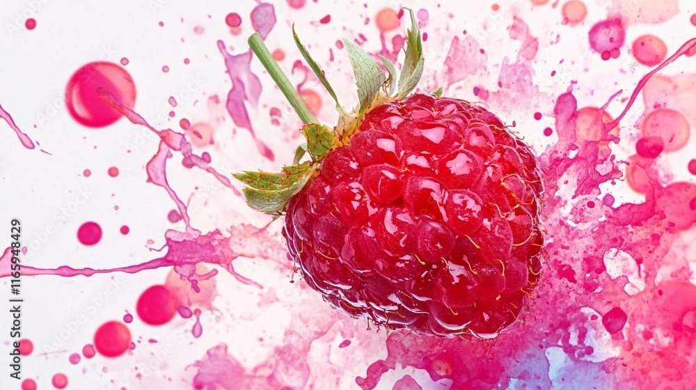 Poster a vibrant close-up of a luscious red raspberry surrounded by colorful splashes of pink and red liqui