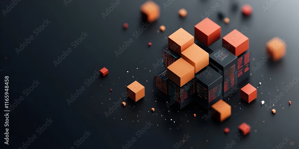 Poster fantastical digital dimension with shimmering information cascades levitating data cubes and abstrac